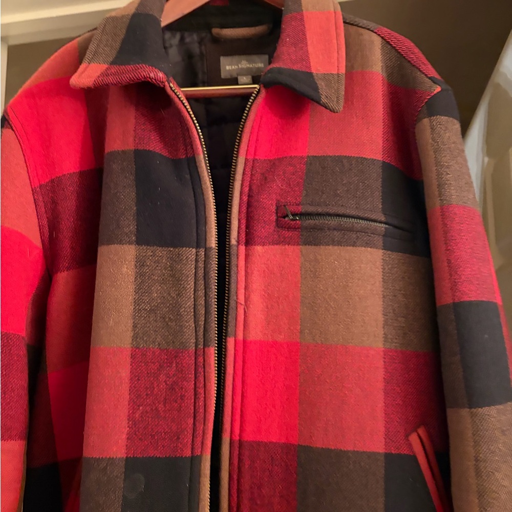 Signature Men's Red and Brown Plaid Shirt Jacket L L Bean signature jacket